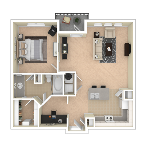 Floor plan for 1 bed, 1 bath, 911 sqft